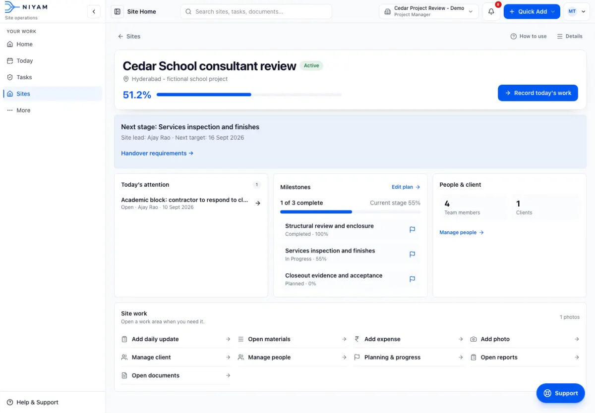 Actual NIYAM consultant view for the fictional Cedar School project, showing assigned milestones, lead and open response.