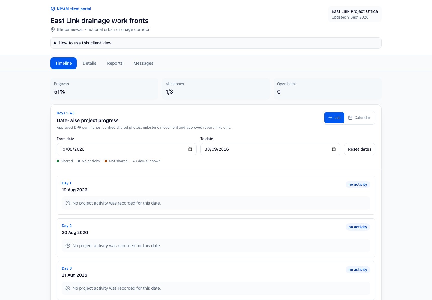 Actual NIYAM client portal for the fictional East Link drainage project, showing only selected reviewed progress and shared evidence.