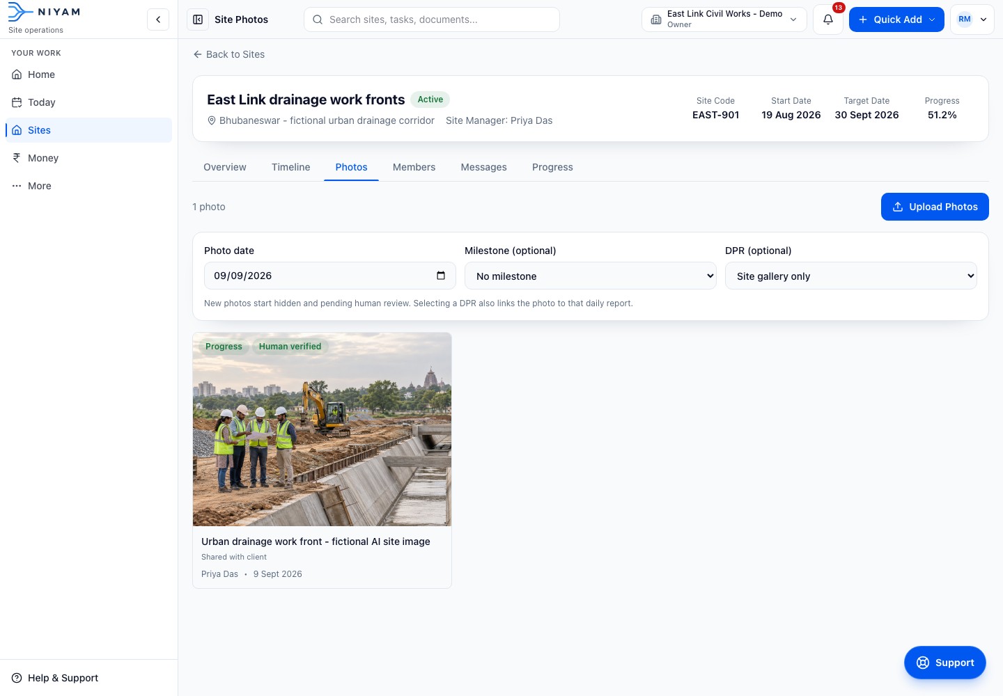Desktop view: Actual NIYAM site photo record for the fictional East Link drainage work fronts, showing shared progress evidence and its work-front context. Phone view: Actual NIYAM mobile photo record for the fictional East Link drainage work front.