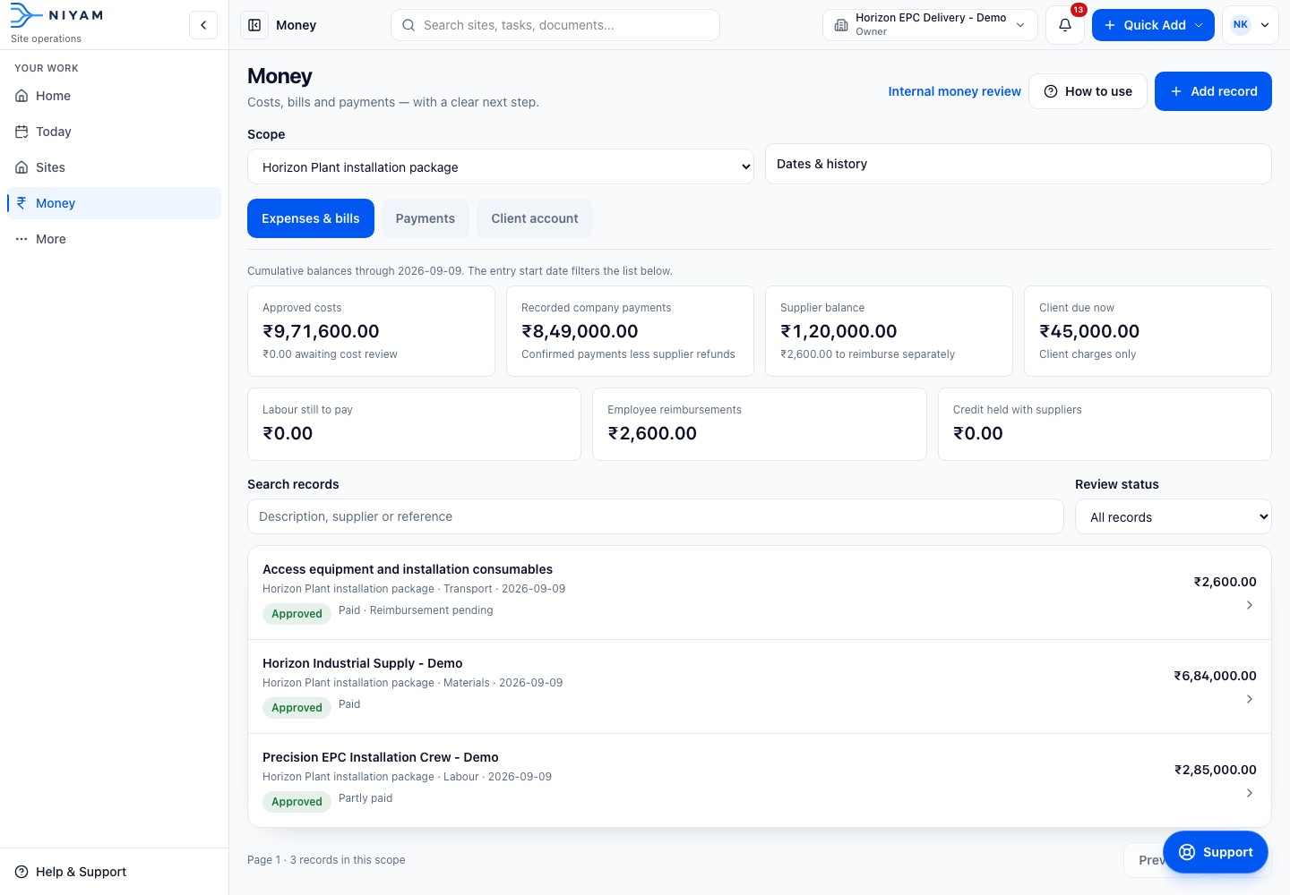 Actual NIYAM money view for the fictional Horizon Plant package, separating internal costs, vendor balance and client amount due.