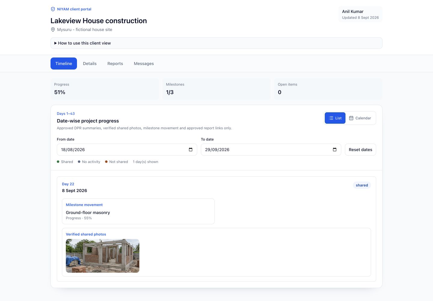 Actual Lakeview House client portal showing a selected shared day, masonry milestone progress and the fictional site photo. Internal costs are excluded.