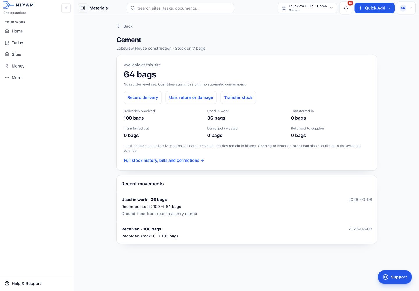 Desktop view: Actual NIYAM cement ledger: 100 bags received, 36 used in masonry and 64 available. Phone view: Actual NIYAM mobile cement balance, showing 100 bags received, 36 used and 64 available.