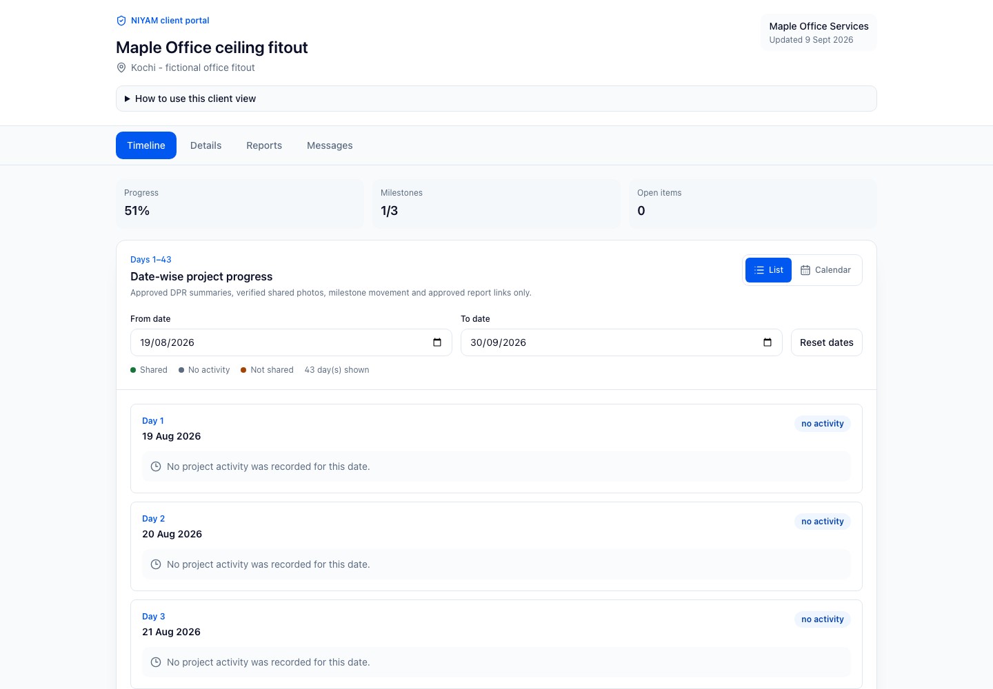 Actual NIYAM client portal for the fictional Maple ceiling fitout, showing selected reviewed area progress without internal costs.