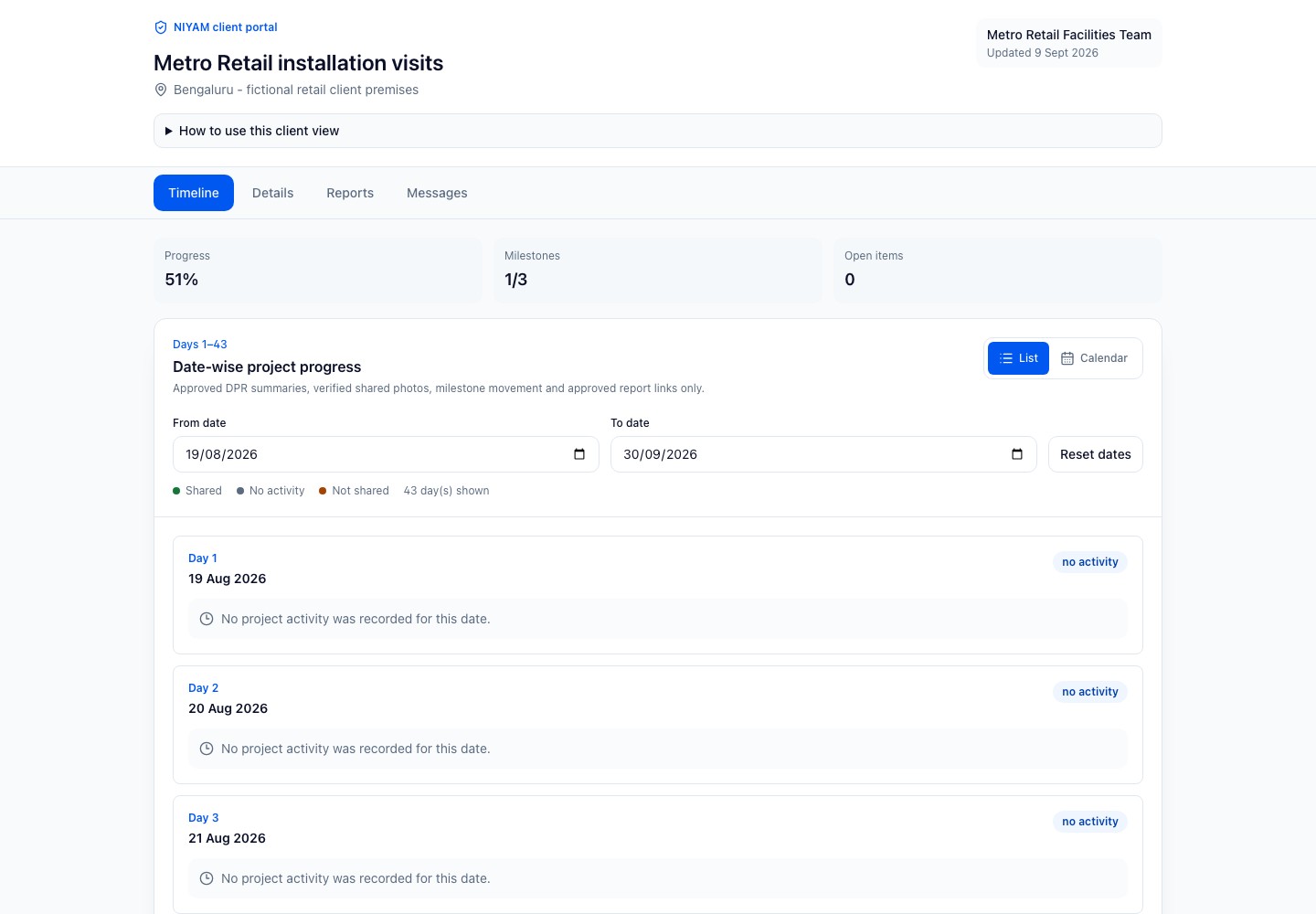 Actual NIYAM client portal for the fictional Metro Retail installations, showing only selected reviewed progress and shared evidence.
