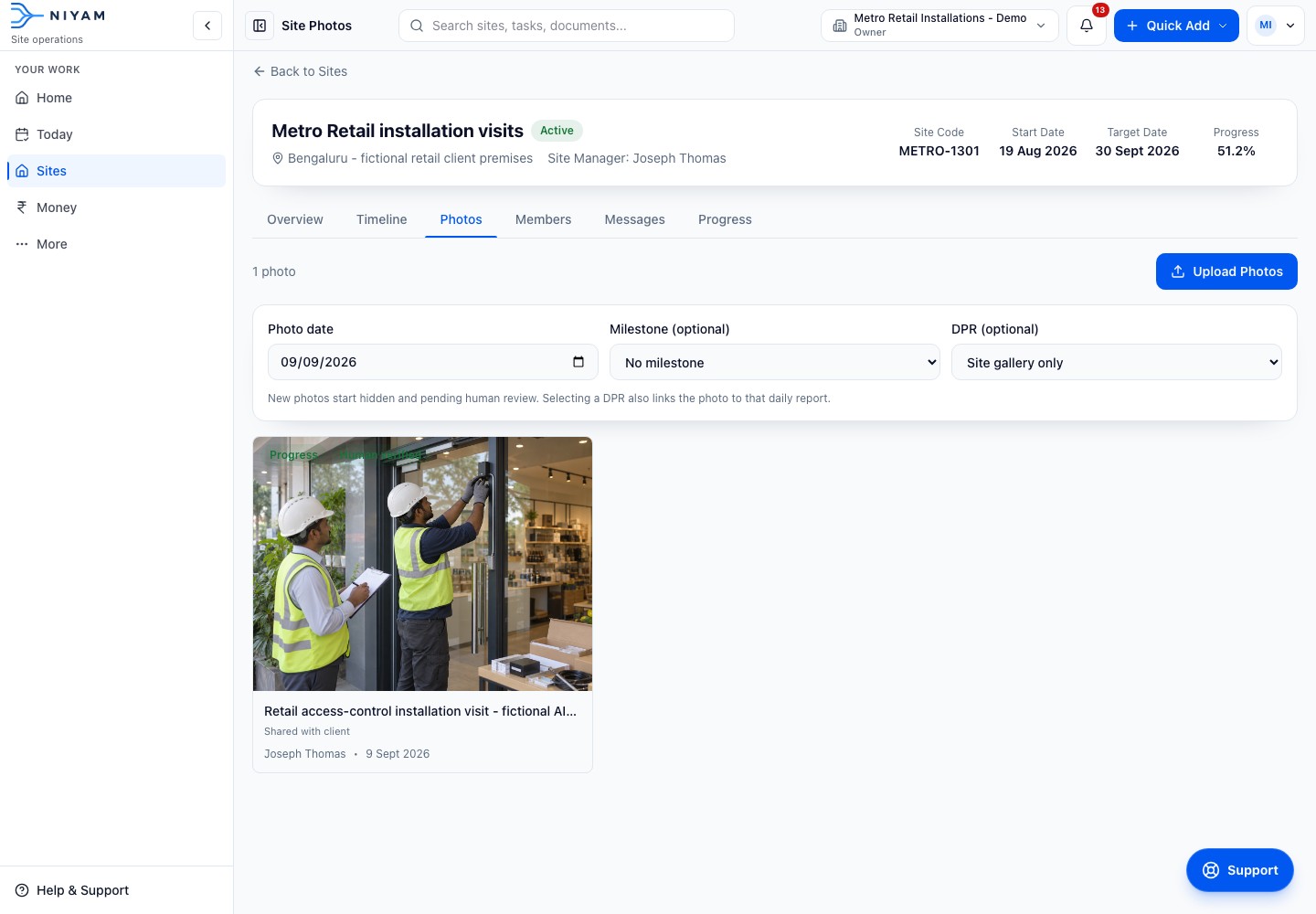 Desktop view: Actual NIYAM site photo record for the fictional Metro Retail installation visits, showing access-control work attached to its client premises. Phone view: Actual NIYAM mobile photo record for a fictional Metro Retail client-premises installation.