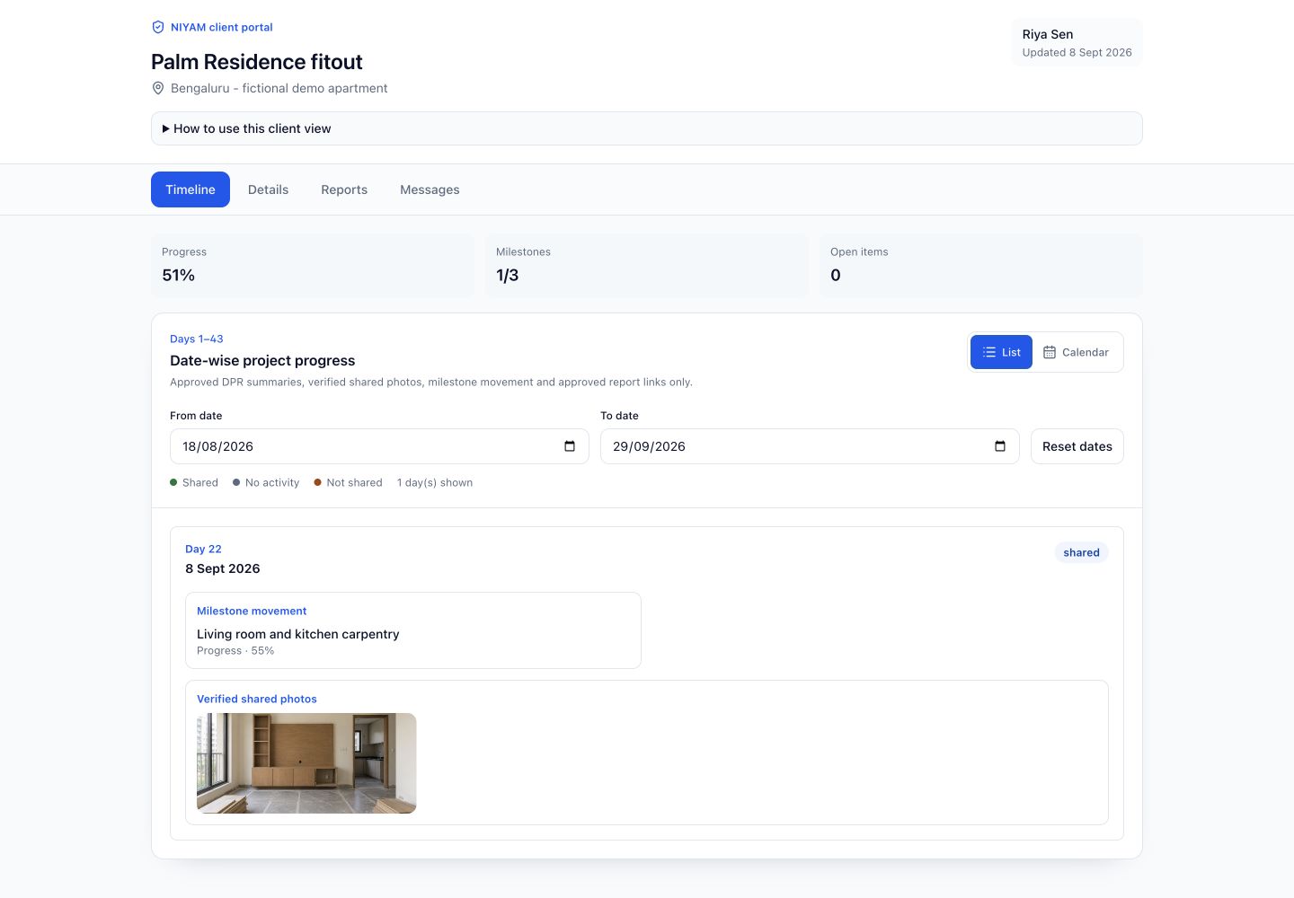 Actual Palm Residence client portal showing the selected shared day, milestone progress and the fictional site photo. Internal costs are excluded.