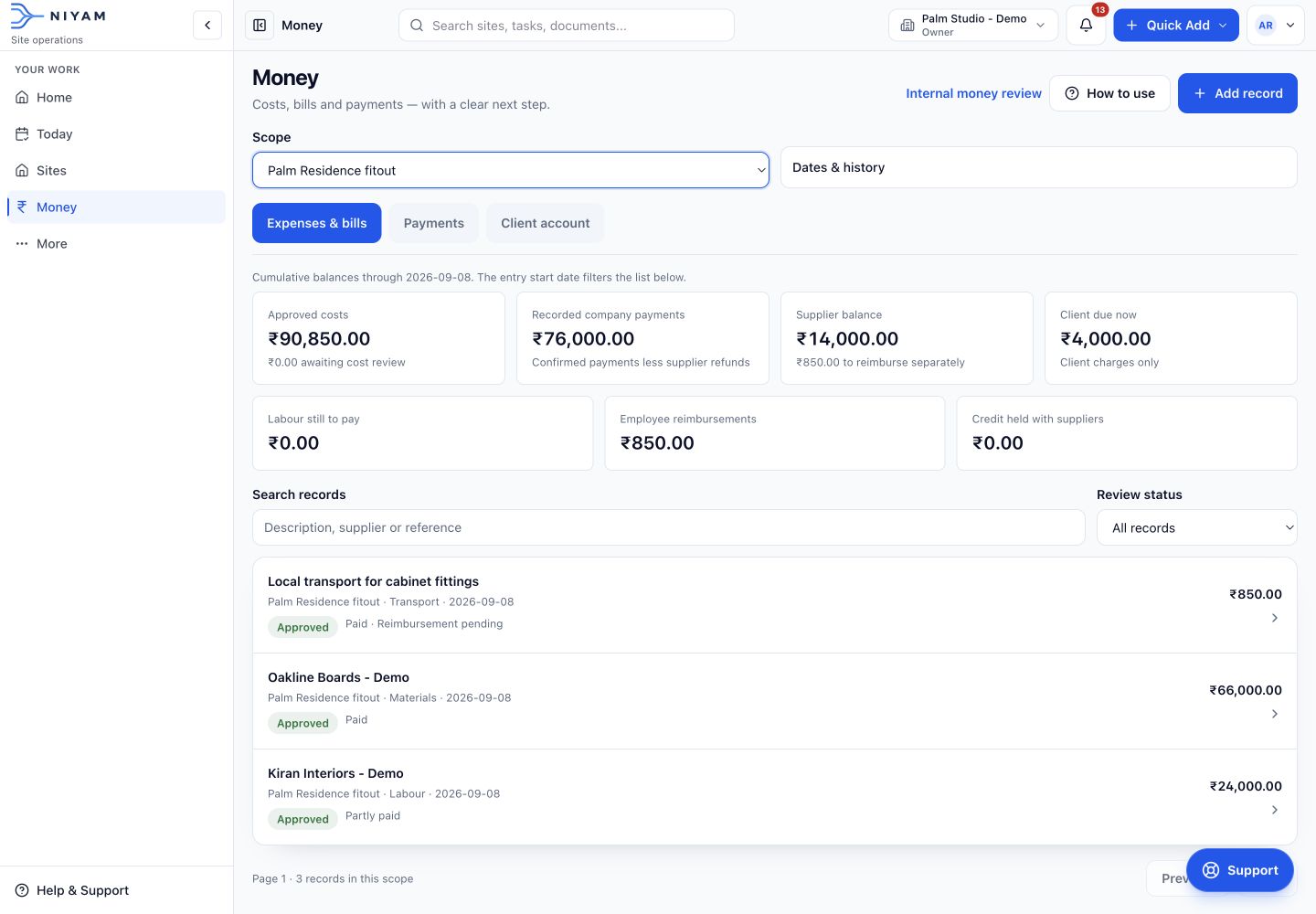 Actual NIYAM site ledger for Palm Residence: approved bills, personal reimbursement, supplier balance and client amount due.