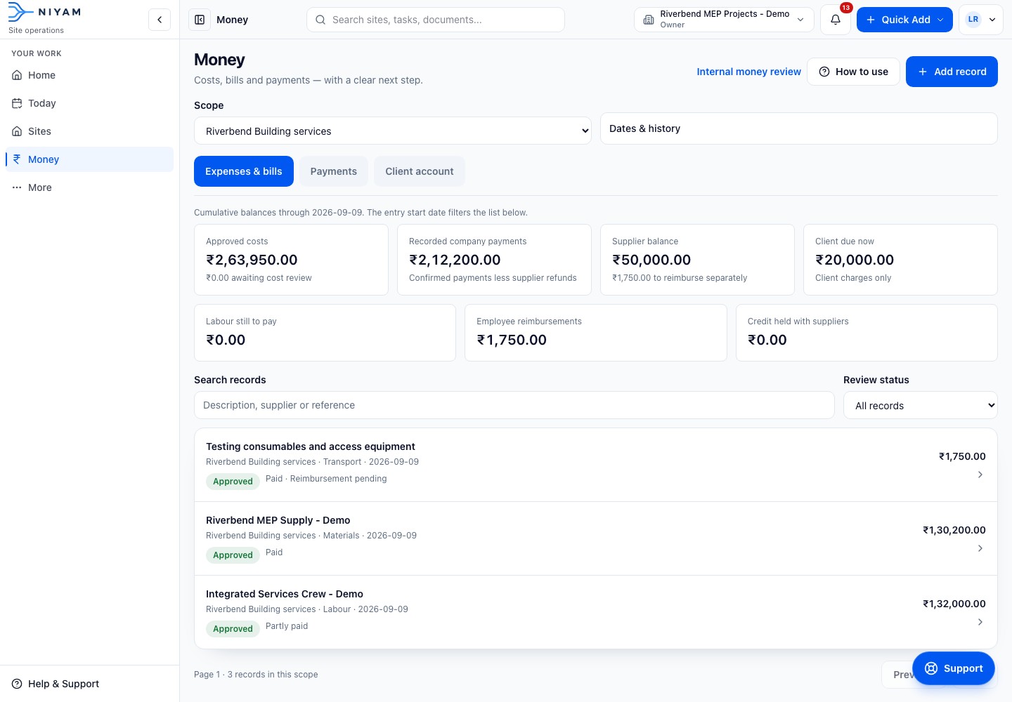 Actual NIYAM money view for the fictional Riverbend MEP project, separating site costs, payments, supplier balance, reimbursement and client amount due.