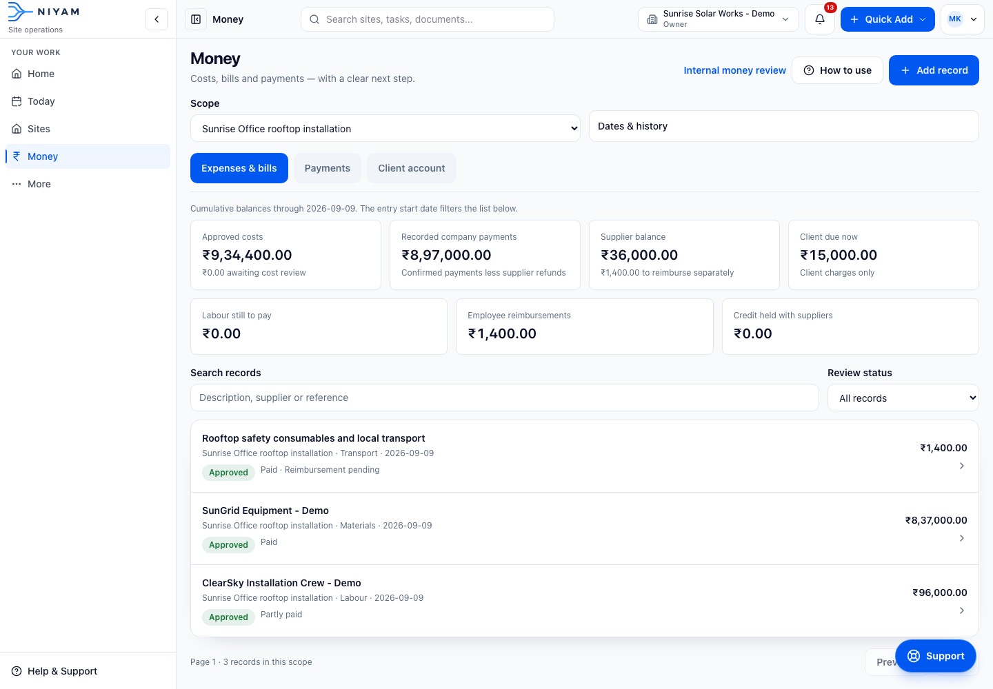 Actual NIYAM money view for the fictional Sunrise project, separating site costs, payments, installer balance, reimbursement and client amount due.