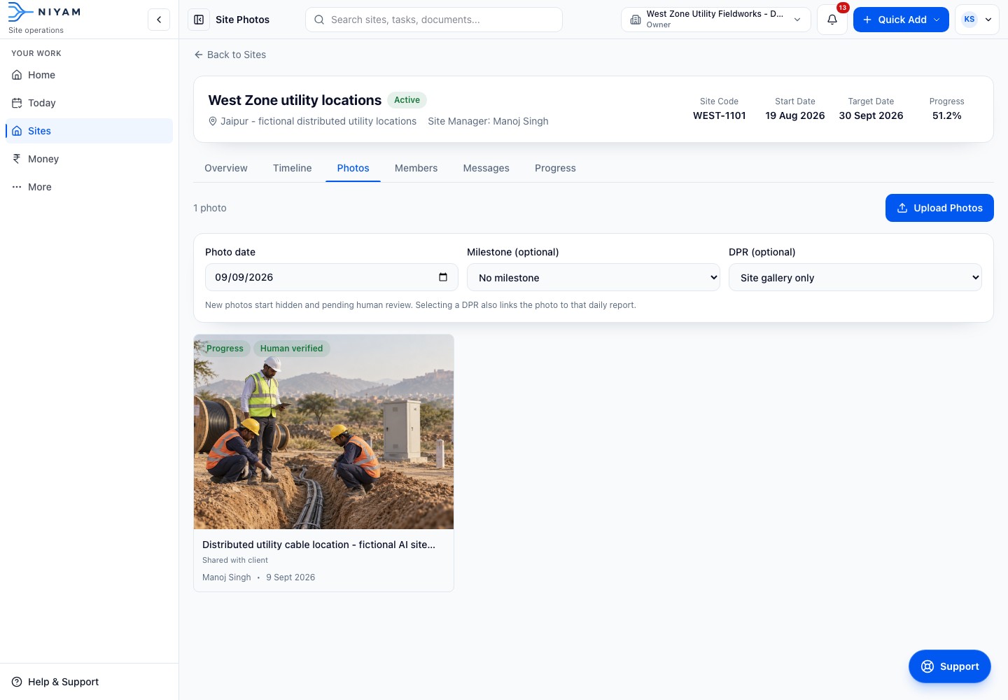 Desktop view: Actual NIYAM site photo record for the fictional West Zone utility locations, showing shared evidence and its location context. Phone view: Actual NIYAM mobile photo record for the fictional West Zone utility location.