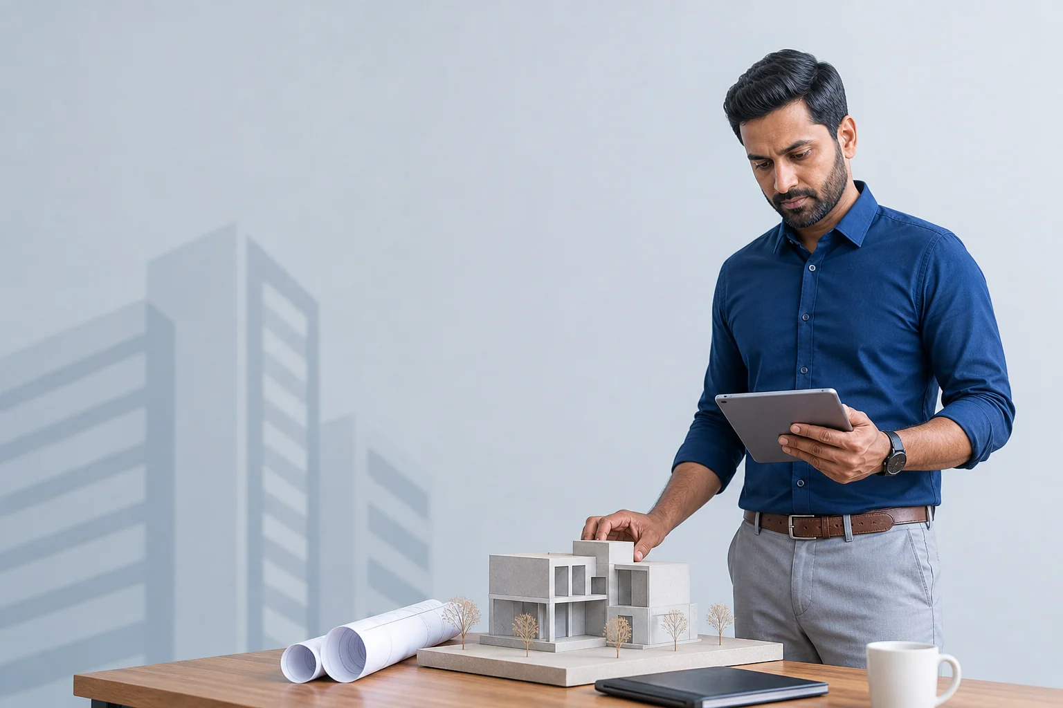 Indian business owner reviewing project information and an architectural model