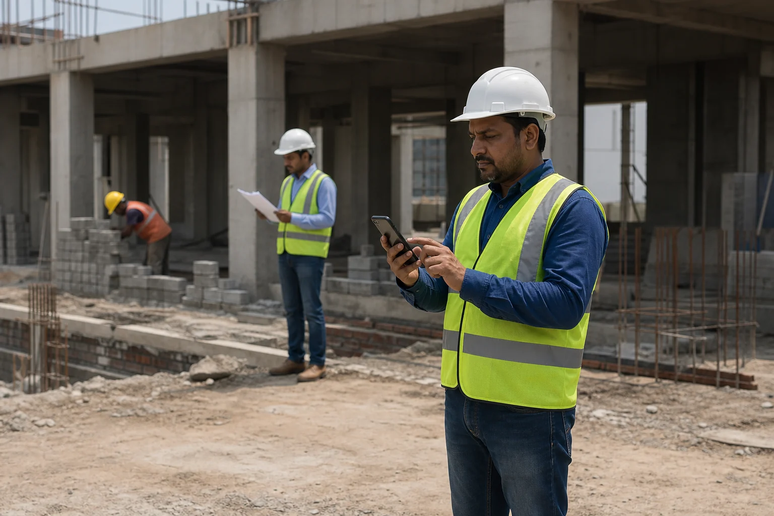 Indian site supervisor recording project progress on a smartphone