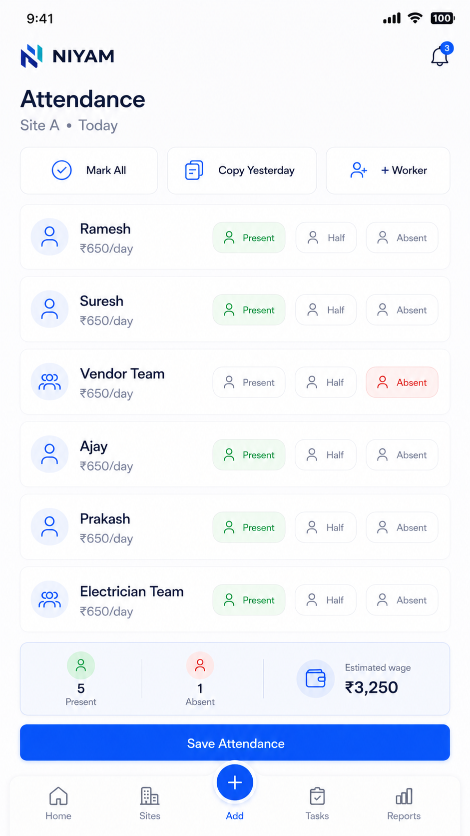 NIYAM mobile attendance roster