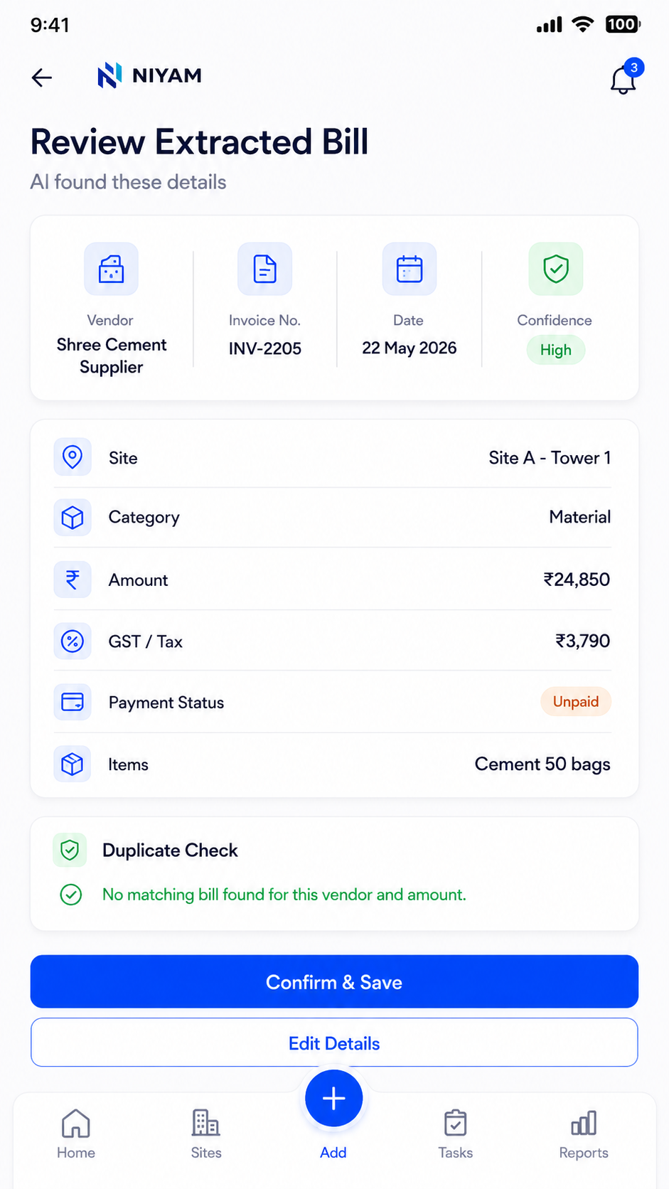 NIYAM mobile bill review workflow
