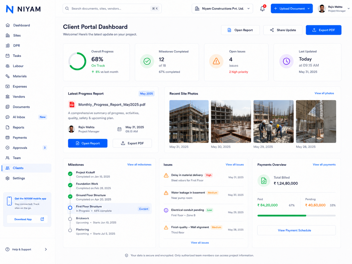 NIYAM client-safe Project, Reports and Messages view
