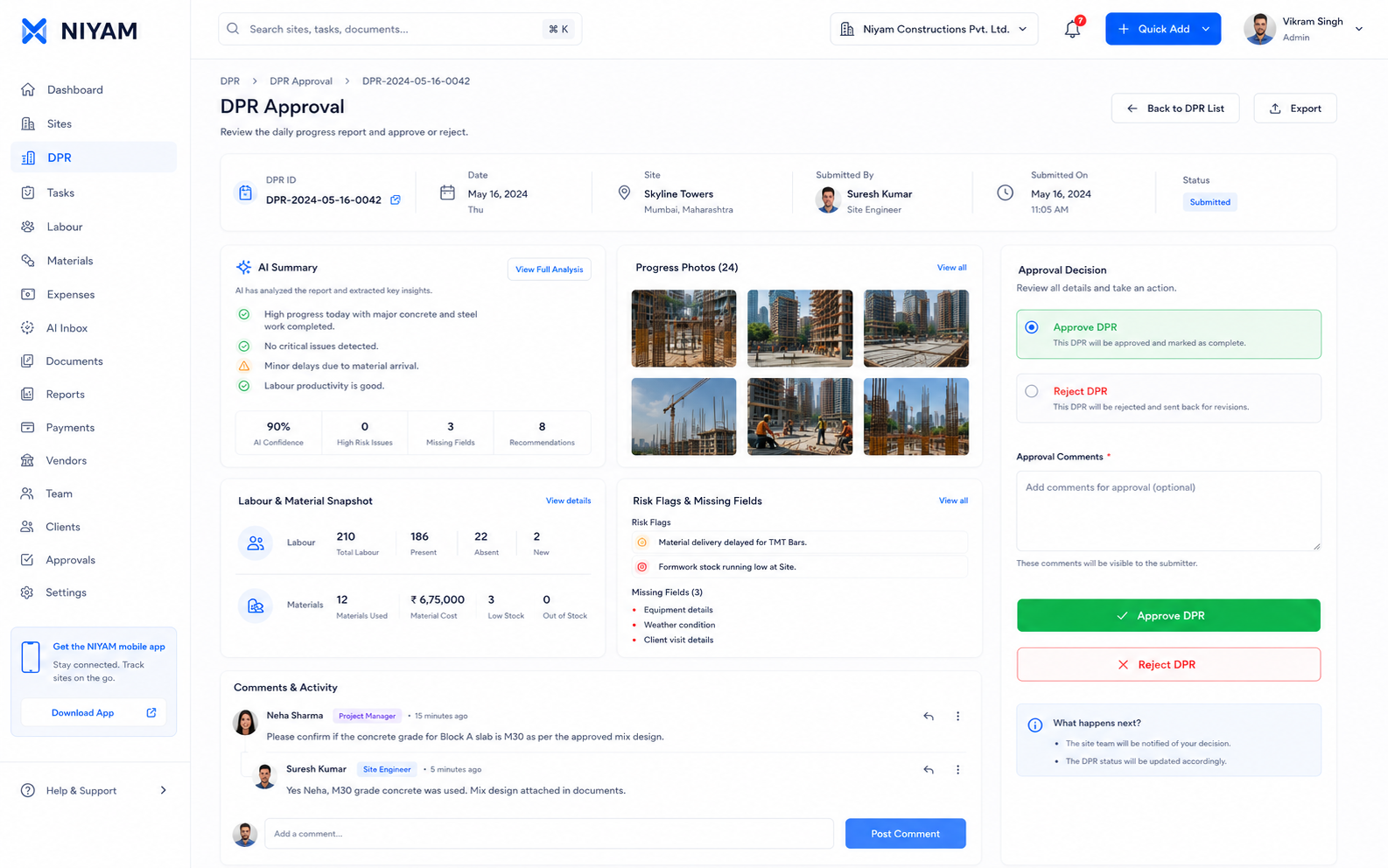 NIYAM Today view with a resumable daily progress report; NIYAM mobile daily site update workflow is shown on smaller screens