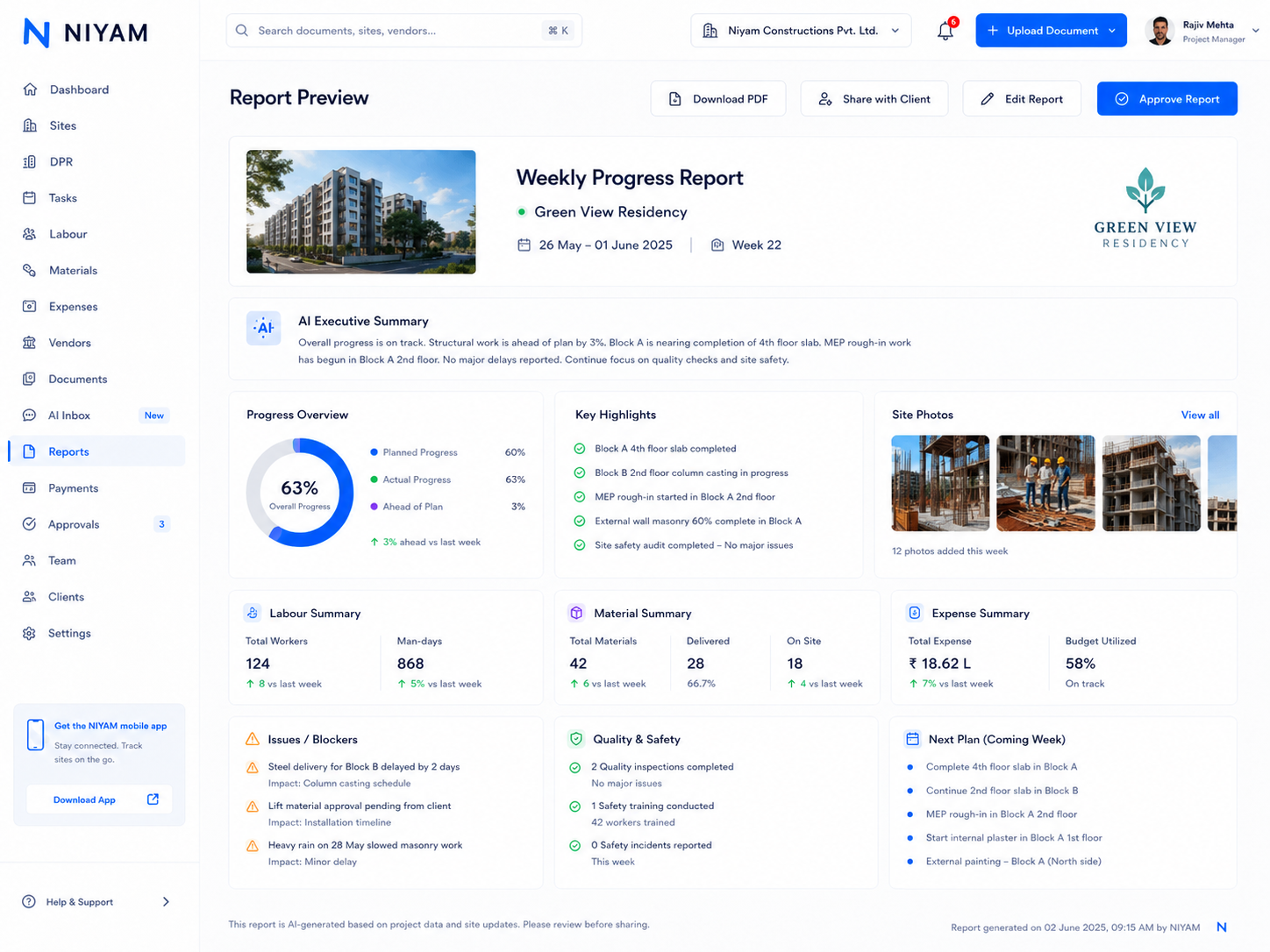 NIYAM report preview beside controlled client sharing